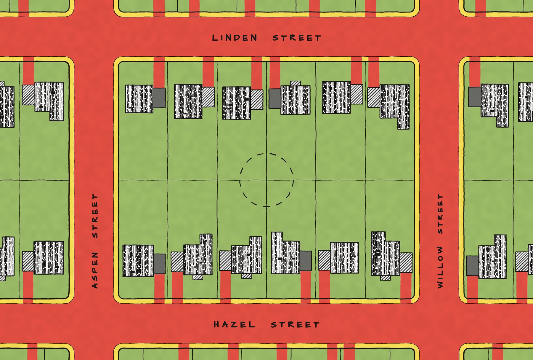Plan of a suburban block today, with fenced back yards meeting at a circled corner.