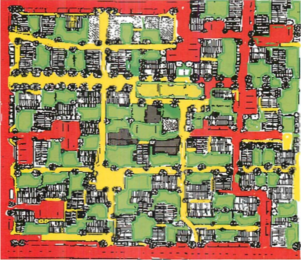 Four-colour plan of an imagined neighborhood: a network of yellow paths, coherent green gardens, little red.