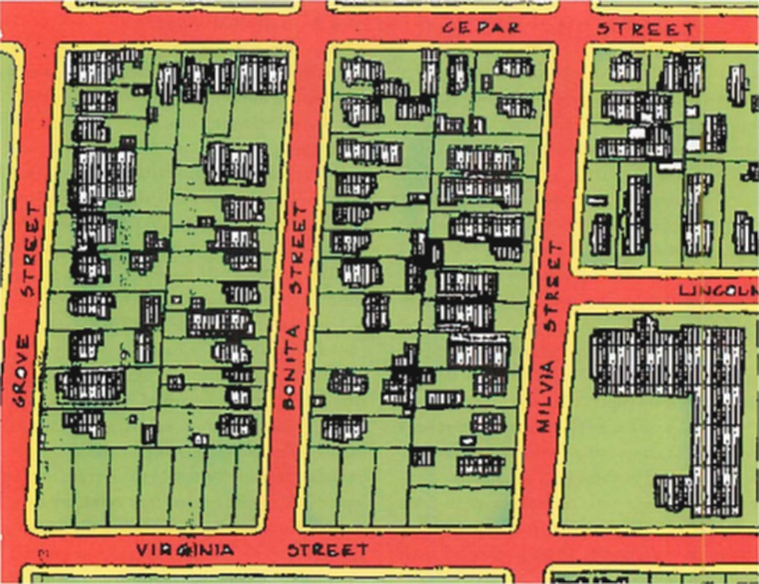 Four-colour plan of a few blocks in Berkeley: wide red roads, thin yellow sidewalks, small green yards around gray houses.