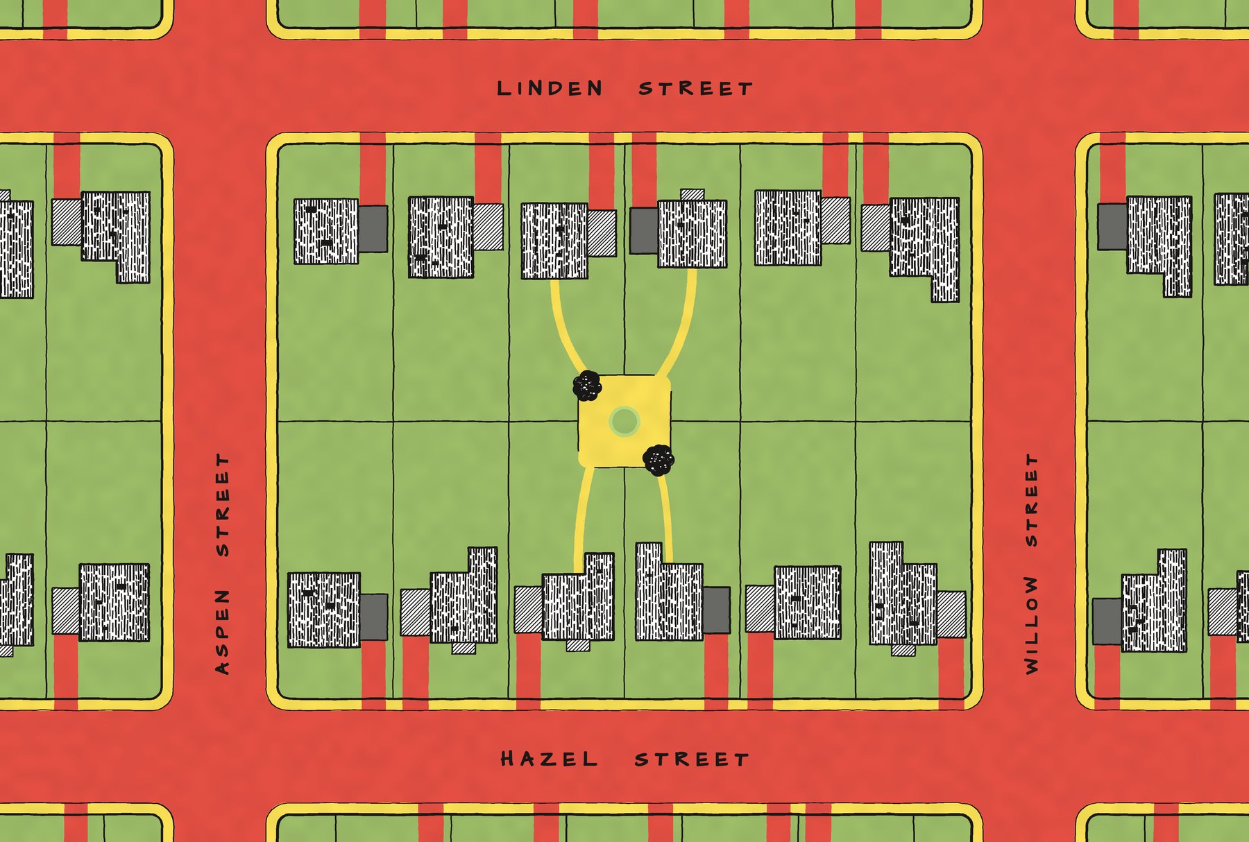 The same block with a shared yellow courtyard where four back yards meet, and paths to each back door.